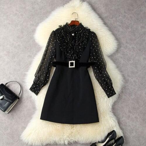 Mini Dress 2021 Autumn Womens Clothing Fashion Polka Dot Mesh Stitching Ruffles Slim Waist A-Line French Syle Dress Above Knees