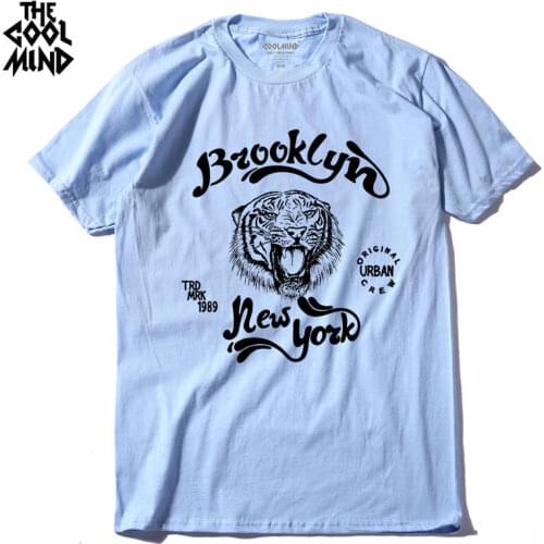 COOLMIND QI0122A 100% cotton brooklyn new york short sleeve tiger print head printed men t shirt casual men Knitted men tshirt