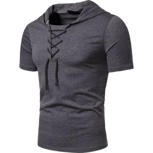 Men Summer Hooded Drawstring Short sleeve Henry shirt tshirt New Fashion Male Slim casual solid color Hoodies tee Tops T-Shirts