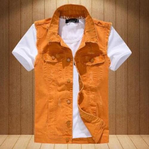 Summer Fall Fashion Men Male Ripped Hole Distressed Tassel Sleeveless Orange Denim Vest Coat , Casual Man Buttons Jeans Vests