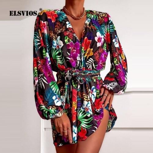2021 Autumn New Printed V Neck Dress Casual Long Sleeves High Waist Sexy Elegant Short Dresses Slim Lace-up Party Ladies Vestido
