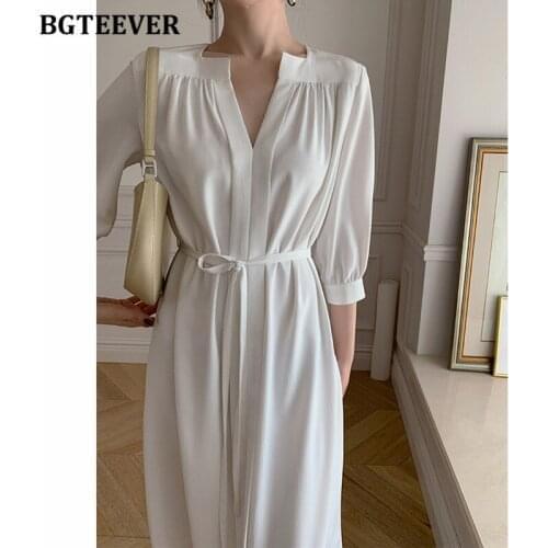 BGTEEVER Elegant V-neck Midi Women Dress 2021 Autumn Half Sleeve Lace-up Female Dress Casual A-line Ladies Vestidos
