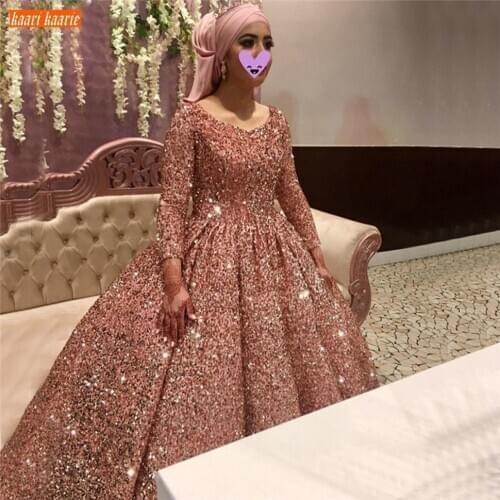 Sexy Pink Wedding Gowns 2020 Dubai Sequin Sparkle Ball Gown Arabic Long Sleeve Bridal Dresses Lace Up Custom Made Robe De Mariee