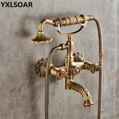 Bathtub Faucet Wall Mounted Antique Bronze Carved Bathtub Mixer Tap With Hand Shower Dual Handle Bathroom Bath Shower Faucets