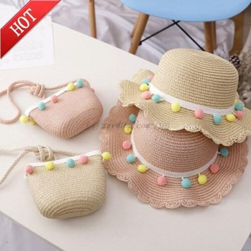 Kids Girls Wide Brim Straw Woven Sun Protection Beach Hat Colorful Pompom Ball Summer Floppy Bucket Cap Portable Handbag