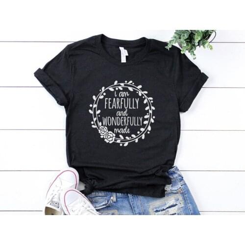 Fearfully and wonderfully made Jesus Christian Shirt 100% Cotton Flower pattern O-neck Shirt Plus Size Short Sleeve Top Tees
