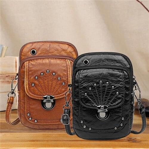Multi-functional Female Festival Gifts Women Crossbody Bags Retro Soft PU Phone Wallet Rivet Casual Shoulder Handbags