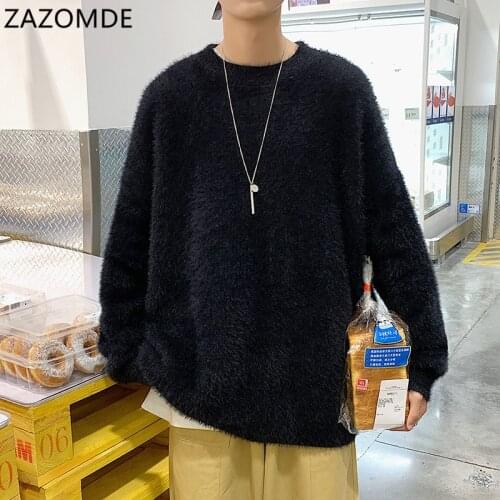 ZAZOMDE Winter Soft Warm Pullover Men Fashion Solid Color Sweater Thick Velvet Pullovers Knitted All-Match Casual Sweaters Male