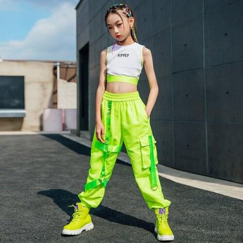 Girls Hip Hop Dance Clothing ChildrenS Jazz Dance Costumes White Vest Fluorescent Green Pants Performance Rave Clothes DN8734