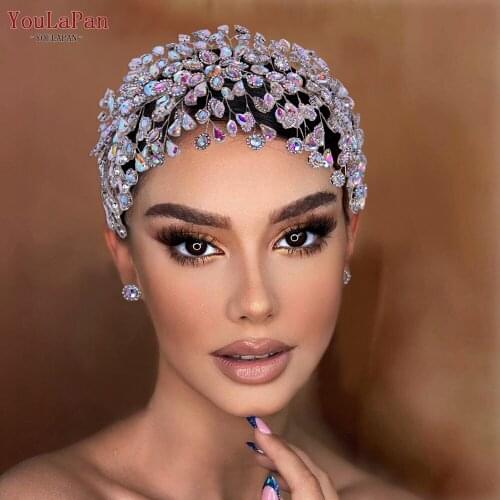 YouLaPan HP388 Luxurious Bridal Tiara Crown Colorful Rhinestone Wedding Headwear Large Wedding Hair Accessories for Brides