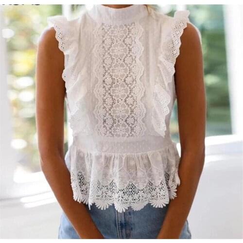 Elegant Backless White Color Summer Lace Up Shirt Blouse Crop Top Sexy Turtleneck Sleeveless Lace Crochet Female Blouse Shirt