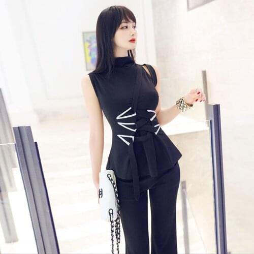 Women Two Pieces Suits 2021 Summer New Style Lady Sleeveless Blouse Tops+Long Flare Pants Trousers Sets