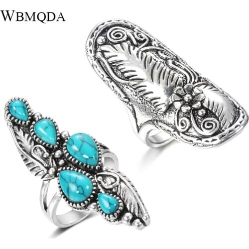 Female Natural Stone Ring Two Pieces Vintage Women Ethnic jewelry Boho Stone Tibetan Silver Ring Party Wedding for Woman