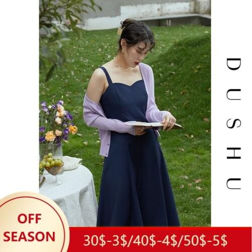 DUSHU Office Ladies Womens French Retro Sleeveless Suspender Skirt 2021 Summer New Square Neck Green High Waist Dress