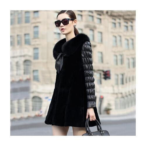 Winter Women Real Rex Rabbit Coat Natural Fox Fur collar Parka Female Long Slim Patchwork Sheepskin Leather Jackets