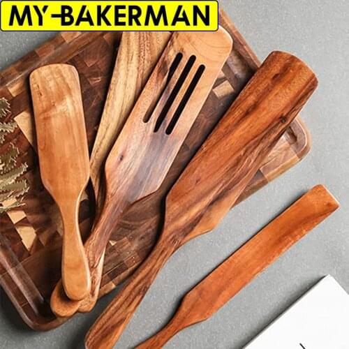 1-5PCS/SET Teak Wood Natural Long Handle Spatula Kitchen Turner Non Stick Cooking Utensils Wooden Spatula Slotted Turner Set