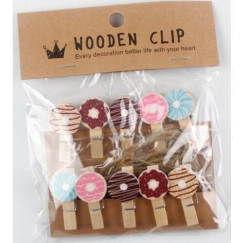 10 pcs/lot Mini Doughnut Wooden Clip with Hemp Rope Photo paper Clothespin Craft Clips Party Decoration Clip