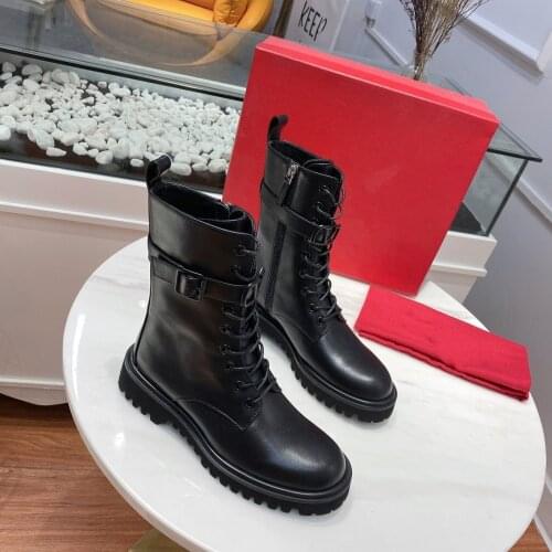 Women Martin Boots Platform Round Toe Black Motorcycle Combat Gesigner Shoes New Autumn Lace-Up Genuine Leather Zapatos De Mujer