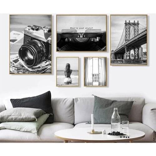 Black White Camera Guitar Piano Sexy Girl Wall Art Canvas Painting Nordic Posters and Prints Wall Pictures for Living Room Decor