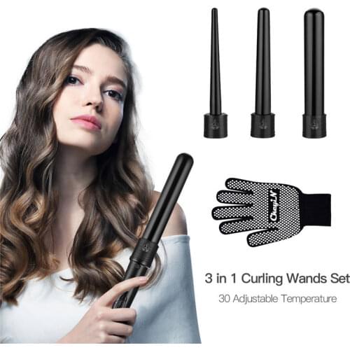 CkeyiN Hair Curlers Kit 3 in 1 Multifunctional Curling Iron with Interchangeable Hair Curling Wands Set with Anti-Scald Glove 30