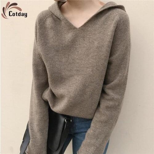 Cotday Hooded Womens Short New Autumn Plus Size Thin Full Sleeve Knitted Loose Fashionable Versatile Pullovers Sweater Solid