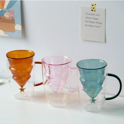 Colored Double Glass Christmas Tree Cup Transparent Tea Milk Water Coffee Cup Kitchen Living Room Decoration Cute Cups