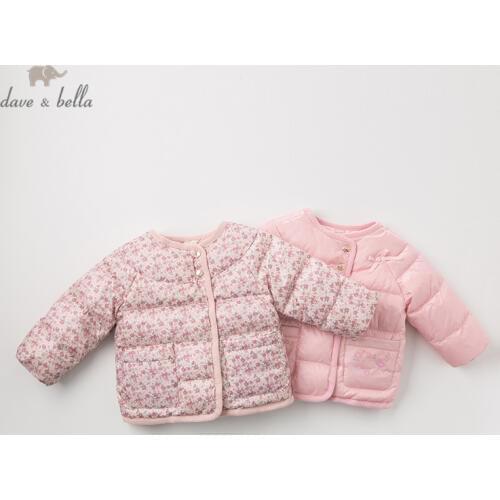 DBQ11893 dave bella winter baby ultra light down coat girls floral bow outerwear children 90% white duck down padded kids jacket