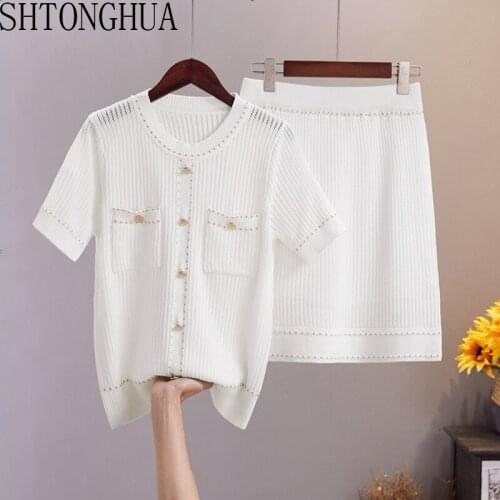 Designer Brand Womens Knitted Sets 2020 Summer O Neck Golden Button Hollow Out Knitted Top + Knitted Skirt 2 piece Set