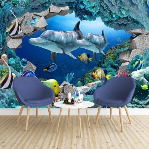 Custom Mural 3D Seascape Underwater World Dolphin Cartoon Picture Photo Wallpaper For Kids Room Bedroom Living Room TV Backdrop