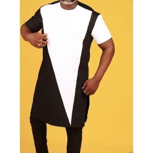 African fashion man dashiki suit black/white patchwork tops with solid black trousers for men short sleeve shirt and long pant