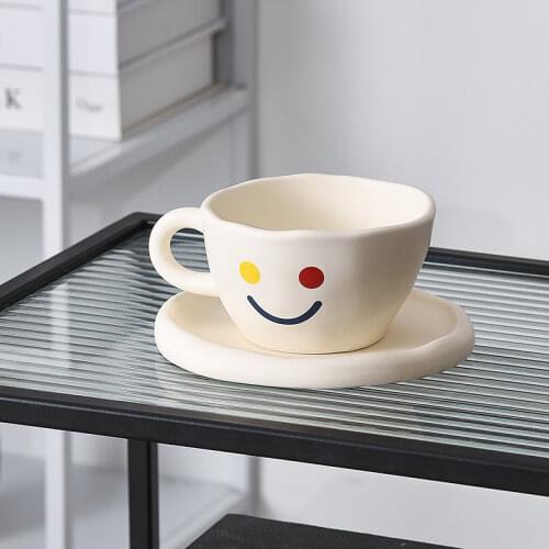 Creative Handmade Smile Cup and Plate Ceramic Breakfast Coffee Milk Tea Mug White Irregular Dessert Cake Dish Cute Gifts For Her