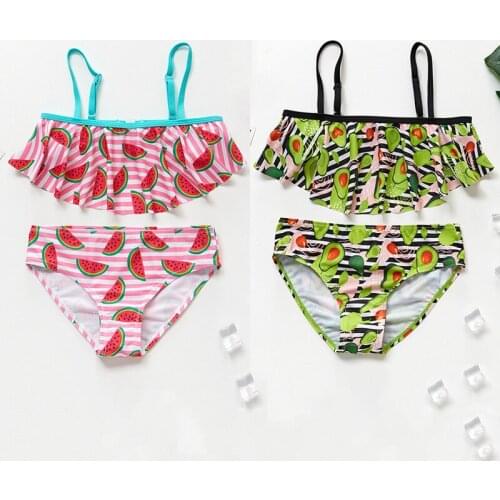 2021 New Girls Lovely Swimsuit Striped Fruit Swimwear 3-10years Childrens Bikini Sets Two Piece Ruffle Bathing Suit For Girls