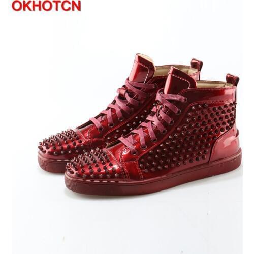 OKHOTCN 2018 New Men Casual Shoes Red Patent Leather Spikes Studded Shoes High-end Stars Rivet Loafers Lace Up Zapatos Hombre
