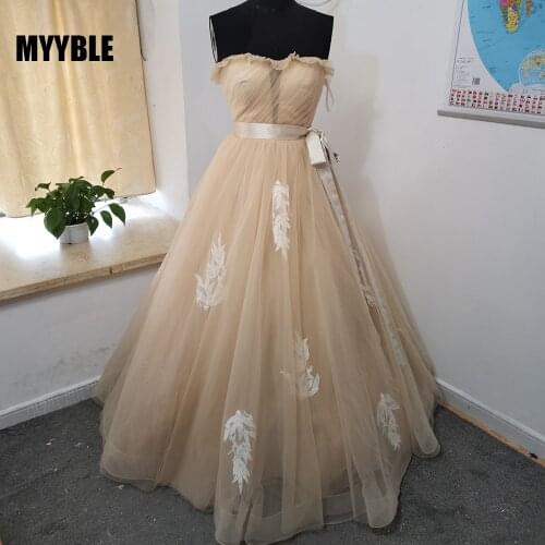 MYYBLE 2021 Cheap Elegant Champagne Strapless A-line Tulle Formal Dress Long Lace Appliques Wedding Gown With Sashes Train