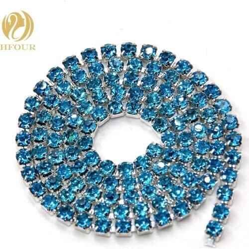New Hot 5yard/pack High quality Sliver base Lake Blue glass crystal Rhinestones Cup Chain DIY clothing/Wedding dress Accessories