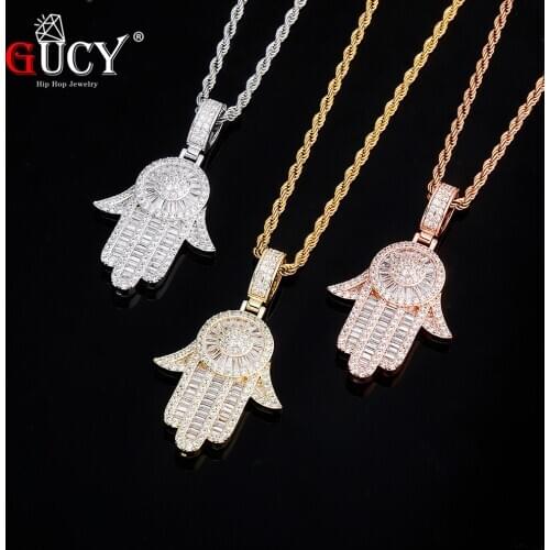 GUCY Fashion Hand Pendant Necklace with 4mm Tennis Chain Bling Cubic Zircon Mens Hip Hop Jewelry For Gift