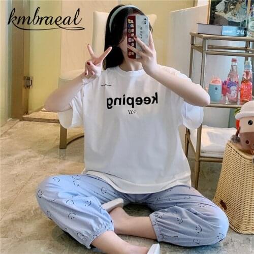 Pajamas for Women Summer Ladies Short-Sleeved Trousers Homewear Letter Print Two-Piece Loose Milk Silk Sleepwear Girl Loungewear