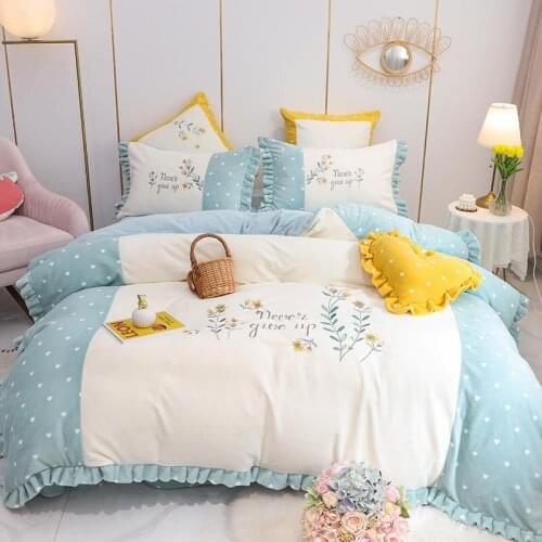 2020 Classic embroidery fleece fabric bed linen light blue bedding queen king size duvet cover pillowcases bedspreads 4/7pc sets