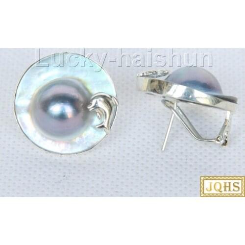 Natural dolphin 24mm gray South Sea Mabe Pearls Earring 925 silver j10045