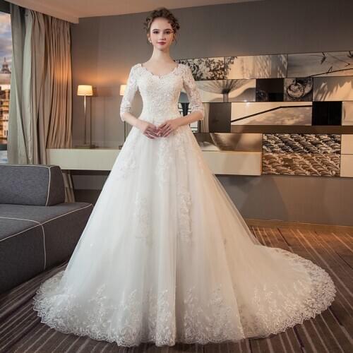 Wedding Dress 2021 New Lace Embroidery Beaded Sexy V-neck Lace Up Classic Long Sleeve Plus Size A-line Plus Size Dress