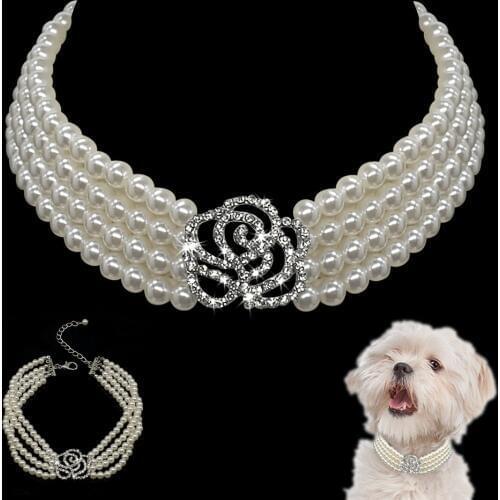 Pearl Dog Necklace Collar Fashion Jeweled Puppy Cat Collar With Bling Rhinestone Diamante Dog Pet Accessories Supplies