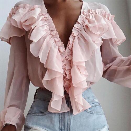 Spring Summer Ruffles Chiffon Blouse Tops Women Ladies Casual Solid V Neck Pink Shirt Long Sleeve Tops Blusas Female
