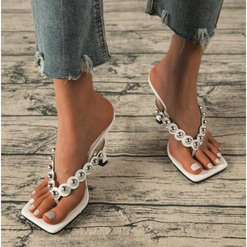 Summer 2021 New Sexy Clip Toe Decorative Beads High Heels Slippers Women Fashion White Party Stilettos Zapatillas Mujer Size 42