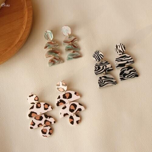 AOMU 1Pair 2020 Fashion Irregular Stripe Pink Leopard Pattern Geometric Round Semicircle Earrings for Women Jewelry