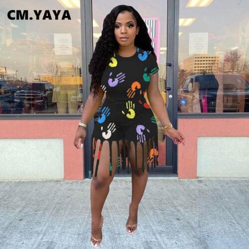 CM.YAYA Women Set Print Short Sleeve Tops Tassel Stretchy Shorts Two 2 Piece Sets Active Tracksuit Sweatsuit Outfits Summer 2021