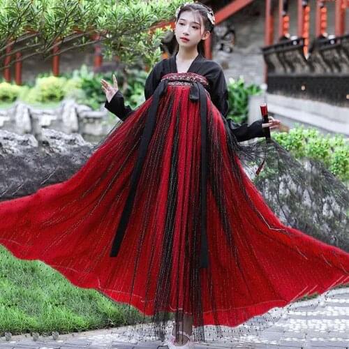 Women Ancient Traditional Hanfu Robes Skirts Tang Suit Chinese Fairy Princess Dance Black Red Hanfu Dress Girl Cosplay Costume