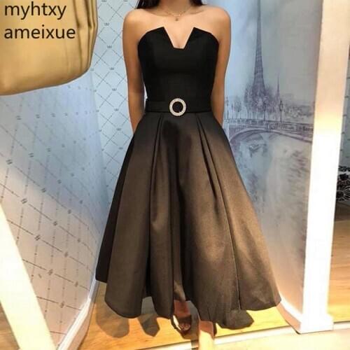 Event Strapless Black Ankle Length Prom Dress 2020 Draped Skirt Simple Satin A-line Women Formal Party Dresses Cheap Short Gowns