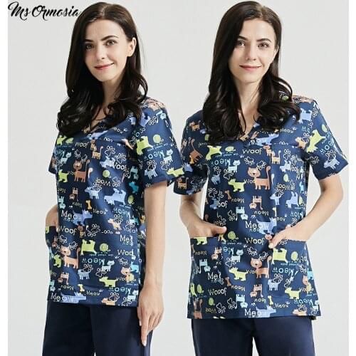 Pet store work clothing fashion design women uniforms suits Short Sleeved V-neck Nutritionist workwear dog printing scrubs tops