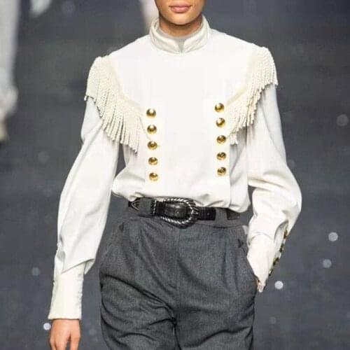 2020 Chic Tassels Fashion OL Buttons Decorated Solid Color Women Blouse Trendy Shirt Top