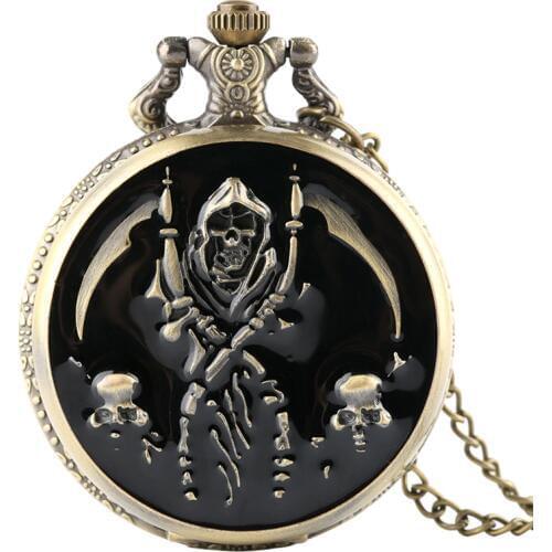 Floral rattan Pocket Watch Retro Black Skull Quartz Pocket Watch Necklace Pendant Fashion Ghost Retro Chain Clock Souvenir Gift